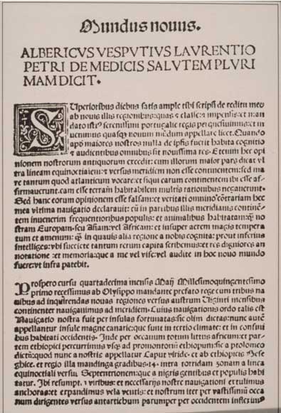 “Mundus NOVUS” primera página de una edición aparecida en 1503, traducción latina de Fra Giocondo.